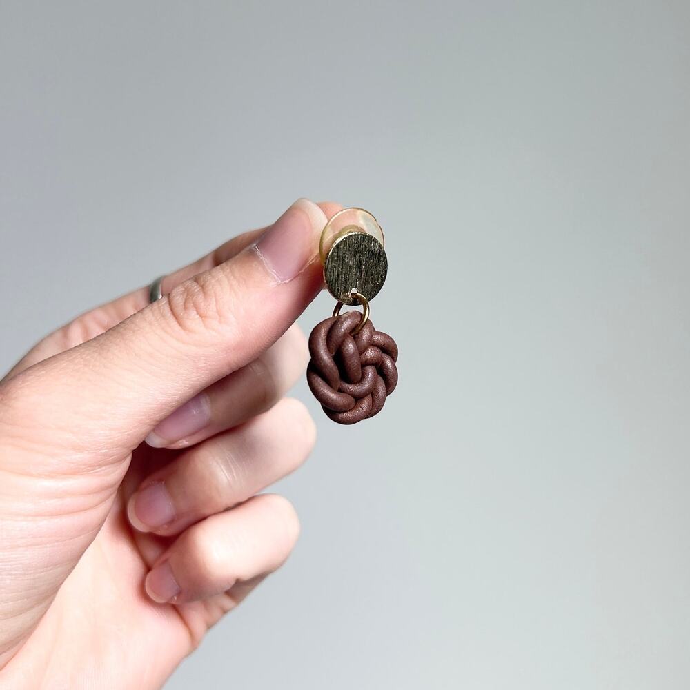 Handmade Brown Woven Polymer Clay Gold Tone Push Back Closure Dangle Earrings